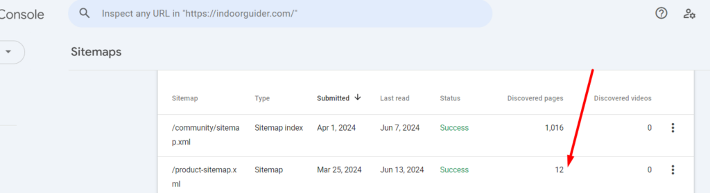 Search console sitemap showing only few products.